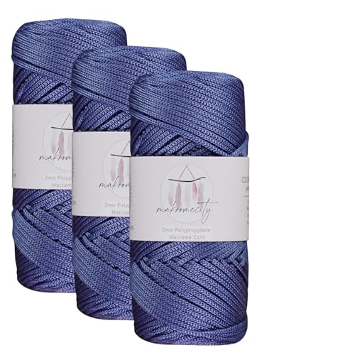Makromecity, Polyester-Makramee-Schnur, 2 mm x 342,9 m, 3 Knäuel mit 2 mm Polypropylen, Denimblau, Makramee-Schnur, Häkeln, Makramee-Tasche, Kordel, Basteln für Wandbehänge, Taschen, Unterteller, von Makromecity