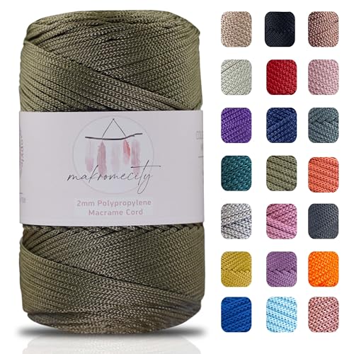 Makromecity, Polyester-Makramee-Schnur (2 mmx228.6 m), 2 mm, Polypropylen, Olivgrün, Makramee-Kordel zum Häkeln von Makramee-Taschen, Kordel, Unterplatte, Teppich (Farben erhältlich) (Olivgrün von Makromecity