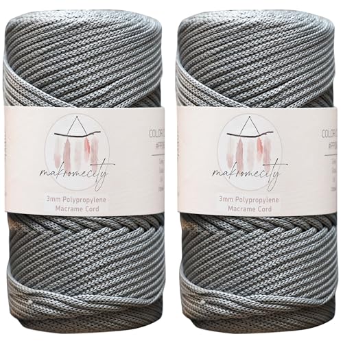 Makromecity 2 Strang Makramee Garn 3mm x 120m Grau Premium Polyester Makramee Schnur Polypropylene Basteln für Wandbehänge Umhängetasche Handtasche Runner Schnullerkette Platzteller von Makromecity