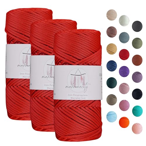 Makromecity 3 Strang Makramee Garn 2mm x 115m Premium Polyester Macrame Cord Polypropylene Yarn für Handwerk Wohndekorationen Platzteller Umhängetasche Handtasche Runner Schnullerkette 20 Farbe von Makromecity