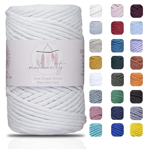 Makromecity Makramee Garn 3mm x 100m Premium Single Twisted Macrame Cord Baumwollgarn für Handwerk Schlüsselanhänger Wohndekorationen Platzteller Umhängetasche Handtasche Runner von Makromecity