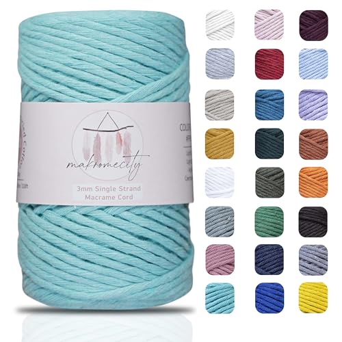 Makromecity Makramee Garn 3mm x 100m Premium Single Twisted Macrame Cord Baumwollgarn für Handwerk Schlüsselanhänger Wohndekorationen Platzteller Umhängetasche Handtasche Runner von Makromecity