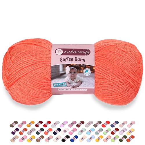Makromecity Softee Baby-Garn, 100 % hochwertiges Anti-Pilling-Acryl, 100 g, 250 m, Neonorange, weiches Garn zum Häkeln und Stricken (Neonorange, 1 Knäuel) von Makromecity