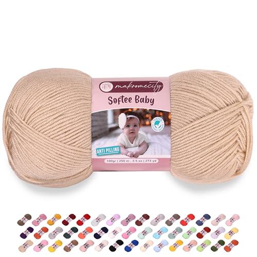 Makromecity Softee Baby-Garn, 100 % hochwertiges Anti-Pilling-Acryl, 100 g, 250 m, beige, weiches Garn zum Häkeln und Stricken (Beige, 1 Knäuel) von Makromecity