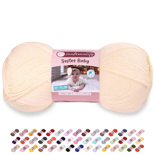 Makromecity Softee Baby-Garn, 100 % hochwertiges Anti-Pilling-Acryl, 100 g, 250 m, cremefarbenes weiches Garn zum Häkeln und Stricken (Cremefarben, 1 Knäuel) von Makromecity