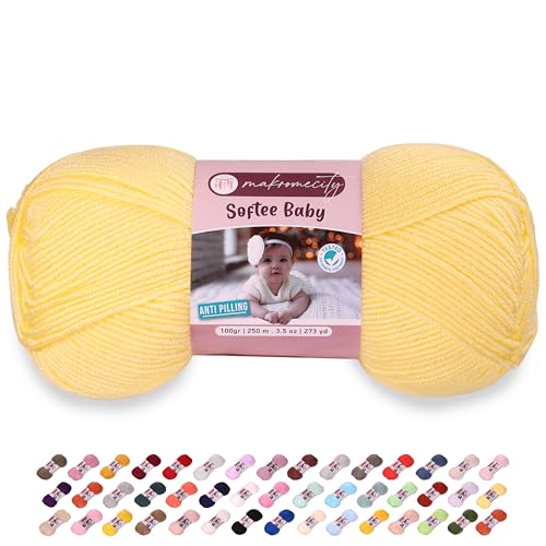 Makromecity Softee Baby-Garn, 100 % hochwertiges Anti-Pilling-Acryl, 100 g, 250 m, hellgelb, weiches Garn zum Häkeln und Stricken (Hellgelb, 1 Knäuel) von Makromecity