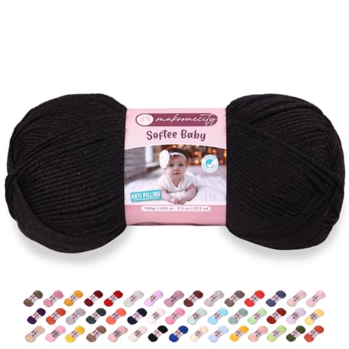 Makromecity Softee Baby-Garn, 100 % hochwertiges Anti-Pilling-Acryl, 100 g, 250 m, schwarzes weiches Garn zum Häkeln und Stricken (Schwarz, 1 Knäuel) von Makromecity