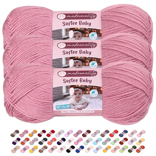 Makromecity Softee Babygarn, 3 Knäuel, 100 % hochwertiges Anti-Pilling-Acryl, je 100 g, 250 m, weiches Garn zum Häkeln und Stricken, (Dusty Rose, 3 Knäuel) von Makromecity