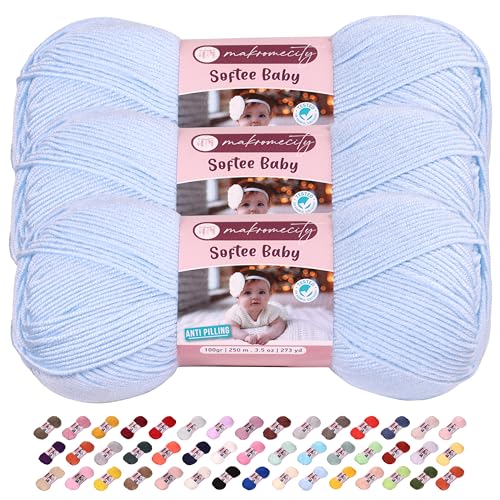 Makromecity Softee Babygarn, 3 Knäuel, 100 % hochwertiges Anti-Pilling-Acryl, je 100 g, 250 m, weiches Garn zum Häkeln und Stricken, Babyblau, 3 Knäuel Makromecity Softee Babygarn, 3 Knäuel, 100 % hochwertiges Anti-Pilling-Acryl, je 100 g, 250 m, weiches Garn zum Häkeln und Stricken, Babyblau, 3 Knäuel von Makromecity