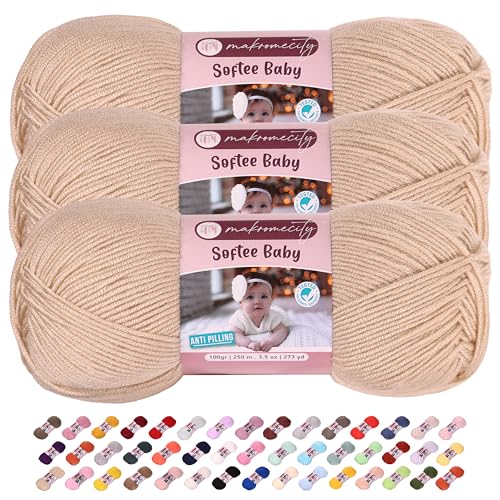 Makromecity Softee Babygarn, 3 Knäuel, 100 % hochwertiges Anti-Pilling-Acryl, je 100 g, 250 m, weiches Garn zum Häkeln und Stricken, Beige, 3 Knäuel von Makromecity