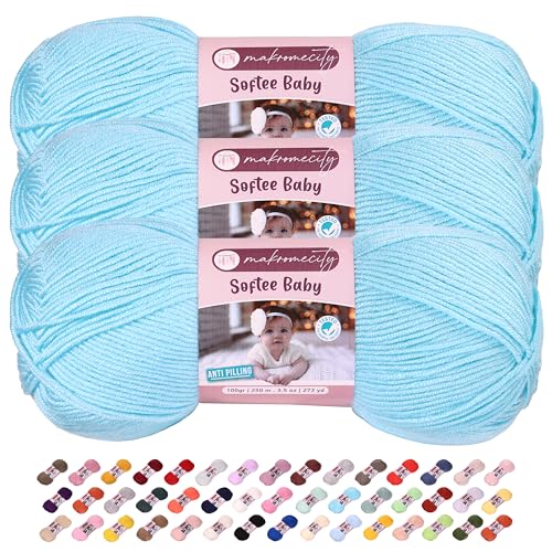 Makromecity Softee Babygarn, 3 Knäuel, 100 % hochwertiges Anti-Pilling-Acryl, je 100 g, 250 m, weiches Garn zum Häkeln und Stricken, Blau, 3 Knäuel von Makromecity