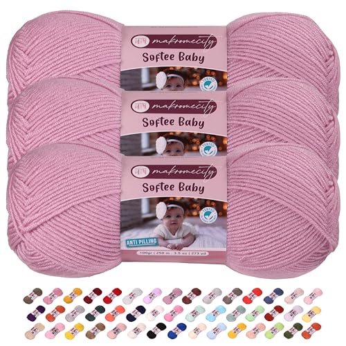 Makromecity Softee Babygarn, 3 Knäuel, 100 % hochwertiges Anti-Pilling-Acryl, je 100 g, 250 m, weiches Garn zum Häkeln und Stricken, Flieder, 3 Knäuel von Makromecity