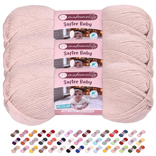 Makromecity Softee Babygarn, 3 Knäuel, 100 % hochwertiges Anti-Pilling-Acryl, je 100 g, 250 m, weiches Garn zum Häkeln und Stricken, Hellbraun, 3 Knäuel von Makromecity