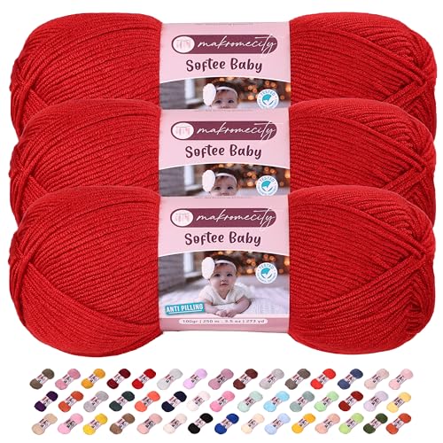 Makromecity Softee Babygarn, 3 Knäuel, 100 % hochwertiges Anti-Pilling-Acryl, je 100 g, 250 m, weiches Garn zum Häkeln und Stricken, Rot, 3 Knäuel Makromecity Softee Babygarn, 3 Knäuel, 100 % hochwertiges Anti-Pilling-Acryl, je 100 g, 250 m, weiches Garn zum Häkeln und Stricken, Rot, 3 Knäuel von Makromecity