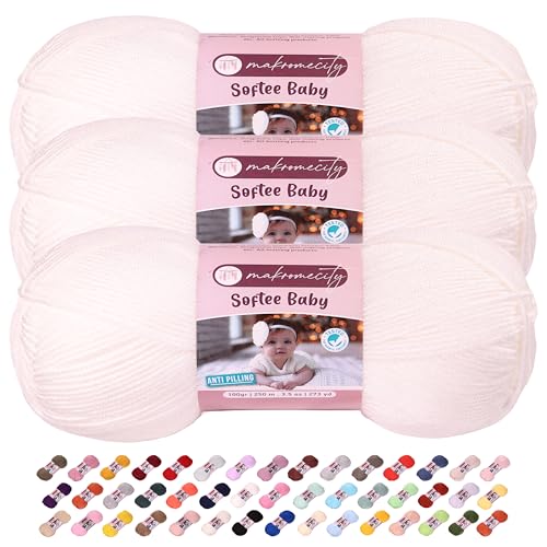Makromecity Softee Babygarn, 3 Knäuel, 100 % hochwertiges Anti-Pilling-Acryl, je 100 g, 250 m, weiches Garn zum Häkeln und Stricken, Schneeweiß, 3 Knäuel von Makromecity
