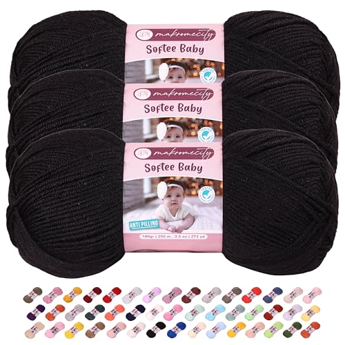 Makromecity Softee Babygarn, 3 Knäuel, 100 % hochwertiges Anti-Pilling-Acryl, je 100 g, 250 m, weiches Garn zum Häkeln und Stricken, Schwarz, 3 Knäuel Makromecity Softee Babygarn, 3 Knäuel, 100 % hochwertiges Anti-Pilling-Acryl, je 100 g, 250 m, weiches Garn zum Häkeln und Stricken, Schwarz, 3 Knäuel von Makromecity