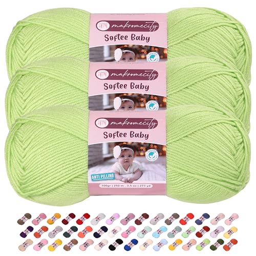 Makromecity Softee Babygarn, 3 Knäuel, 100 % hochwertiges Anti-Pilling-Acryl, je 100 g, 250 m, weiches Garn zum Häkeln und Stricken, helles Pistazie, 3 Knäuel von Makromecity