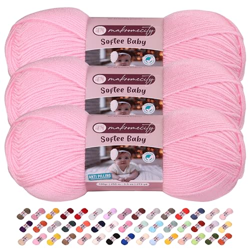 Makromecity Softee Babygarn, 3 Knäuel, 100 % hochwertiges Anti-Pilling-Acryl, je 100 g, 250 m, weiches Garn zum Häkeln und Stricken (Babyrosa, 3 Knäuel) von Makromecity