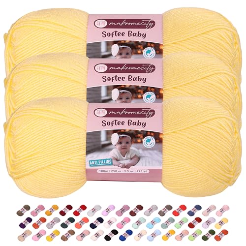 Makromecity Softee Babygarn, 3 Knäuel, 100 % hochwertiges Anti-Pilling-Acryl, je 100 g, 250 m, weiches Garn zum Häkeln und Stricken (Hellgelb, 3 Knäuel) von Makromecity
