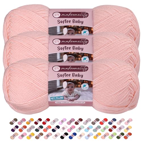 Makromecity Softee Babygarn, 3 Knäuel, 100 % hochwertiges Anti-Pilling-Acryl, je 100 g, 250 m, weiches Garn zum Häkeln und Stricken (Hellrosa, 3 Knäuel) von Makromecity