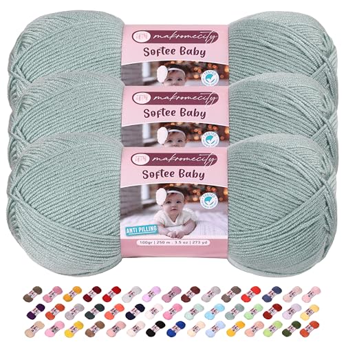 Makromecity Softee Babygarn, 3 Knäuel, 100 % hochwertiges Anti-Pilling-Acryl, je 100 g, 250 m, weiches Garn zum Häkeln und Stricken (Kreppgrün, 3 Knäuel) von Makromecity