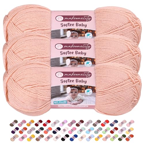 Makromecity Softee Babygarn, 3 Knäuel, 100 % hochwertiges Anti-Pilling-Acryl, je 100 g, 250 m, weiches Garn zum Häkeln und Stricken (Lachs, 3 Knäuel) von Makromecity