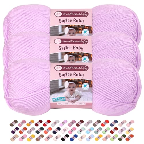 Makromecity Softee Babygarn, 3 Knäuel, 100 % hochwertiges Anti-Pilling-Acryl, je 100 g, 250 m, weiches Garn zum Häkeln und Stricken (Lavendel, 3 Knäuel) von Makromecity