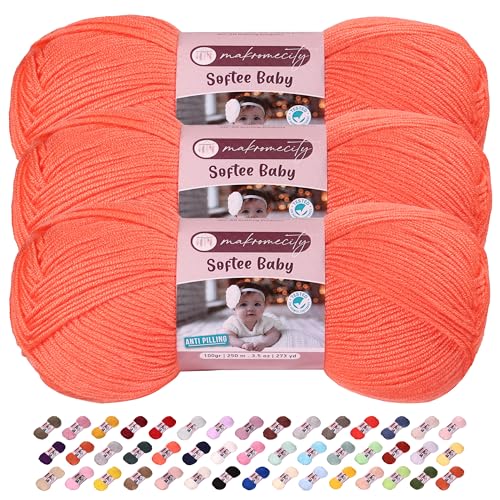 Makromecity Softee Babygarn, 3 Knäuel, 100 % hochwertiges Anti-Pilling-Acryl, je 100 g, 250 m, weiches Garn zum Häkeln und Stricken (Neonorange, 3 Knäuel) von Makromecity