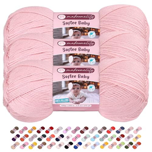 Makromecity Softee Babygarn, 3 Knäuel, 100 % hochwertiges Anti-Pilling-Acryl, je 100 g, 250 m, weiches Garn zum Häkeln und Stricken (Pulver, 3 Knäuel) von Makromecity