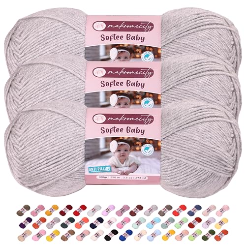 Makromecity Softee Babygarn, 3 Knäuel, 100 % hochwertiges Anti-Pilling-Acryl, je 100 g, 250 m, weiches Garn zum Häkeln und Stricken (Stein, 3 Knäuel) von Makromecity