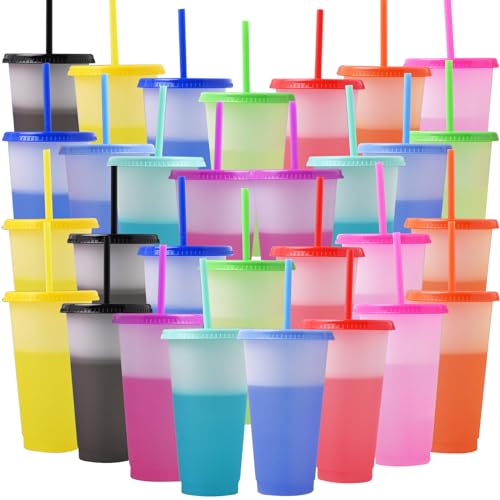 Malloom 30 Stück Farbwechsel Becher mit Deckel und Strohhalm, 700ml Plastikbecher Trinkbecher Becher, Wiederverwendbare Farbige Kunststoff Partybecher Travel Mug für Eiskaffee Milchshake Smoothie Malloom 30 Stück Farbwechsel Becher mit Deckel und Strohhalm, 700ml Plastikbecher Trinkbecher Becher, Wiederverwendbare Farbige Kunststoff Partybecher Travel Mug für Eiskaffee Milchshake Smoothie von Malloom