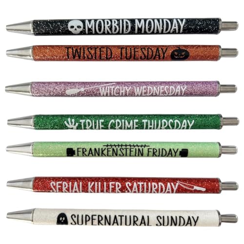 Malloy 7 StüCk Halloween Weekday Stifte, Glitzerstift mit Lustigen SprüChen, Lebendige, Passive, Ausgefallene Kugelschreiber, SüßE Geschenke von Malloy