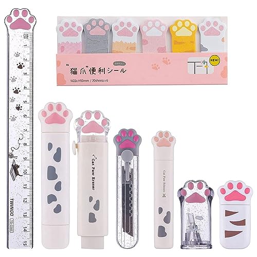 Malloy 8-Teiliges Süßes Katzenpfoten-Briefpapier-Set, Kawaii-Schulbedarf, Einschließlich Bleistiftspitzer, Einziehbarer Radiergummi, Wiederverwendbar () von Malloy