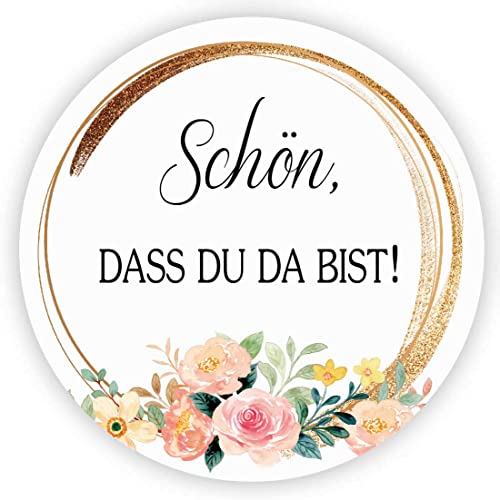 MameArt 100stk 4cm Aufkleber Schön dass du da bist, Sticker Hochzeit Gastgeschenk Taufe Kommunion Geburtstag Feste Geschenke Präsente (Schön 5) von MameArt