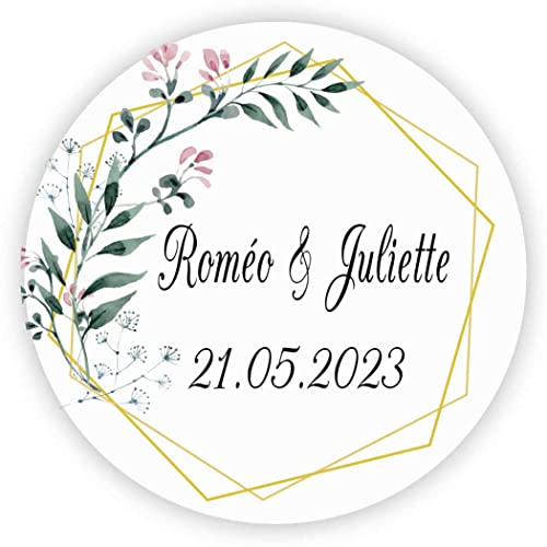 MameArt 50stk 4cm Personalisiert Hochzeit Aufkleber, mit Namen und Datum Sticker für Hochzeit Gastgeschenk Taufe Kommunion Geburtstag Feste Geschenke Präsente (Kranz C) von MameArt