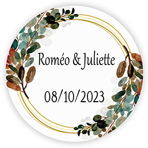 MameArt 50stk 4cm Personalisiert Hochzeit Aufkleber, mit Namen und Datum Sticker für Hochzeit Gastgeschenk Taufe Kommunion Geburtstag Feste Geschenke Präsente (Kranz D) von MameArt