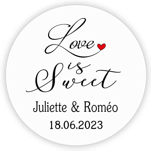 MameArt 50 STK Aufkleber Personalisiert Hochzeit Love is Sweet Herzen, 4cm Etikett für Gastgeschenk Taufe Kommunion Geburtstag give-Away Deko Feste Geschenke Präsente (Weiß) von MameArt