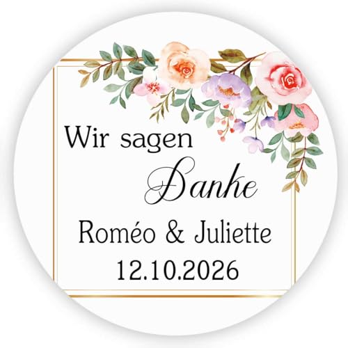 MameArt 50stk Aufkleber Hochzeit Personalisiert, Wir sagen Danke, 4cm Kranz Sticker für Hochzeit Taufe Feste Geschenke Präsente (DE03) von MameArt