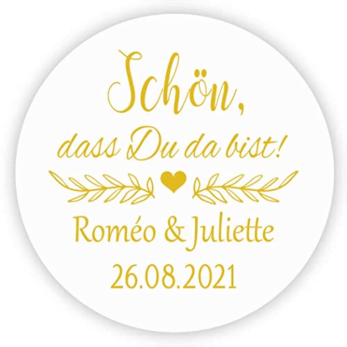 MameArt 50 Stickers Aufkleber Hochzeit Personalisiert Schön DASS Du da bist, 4cm Etikett für Hochzeit Gastgeschenk Taufe Kommunion Feste Geschenke Präsente (Gold) von MameArt