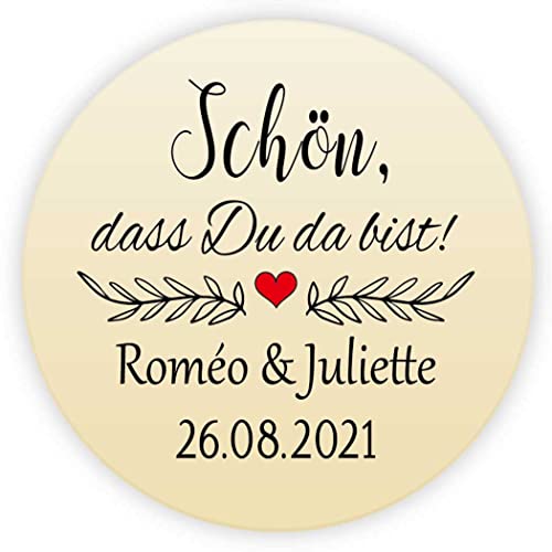MameArt 50 Stickers Aufkleber Hochzeit Personalisiert Schön DASS Du da bist, 4cm Etikett für Hochzeit Gastgeschenk Taufe Kommunion Feste Geschenke Präsente (Gold 2) (3DE0202A) von MameArt