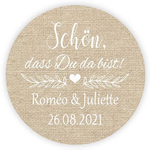 MameArt 50 Stickers Aufkleber Hochzeit Personalisiert Schön DASS Du da bist, 4cm Etikett für Hochzeit Gastgeschenk Taufe Kommunion Feste Geschenke Präsente (Leinen) von MameArt