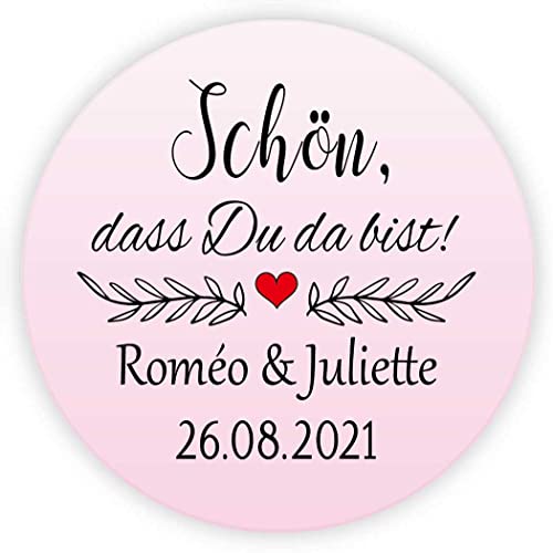 MameArt 50 Stickers Aufkleber Hochzeit Personalisiert Schön DASS Du da bist, 4cm Etikett für Hochzeit Gastgeschenk Taufe Kommunion Feste Geschenke Präsente (Rosa) von MameArt