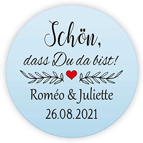 MameArt 50 Stickers Aufkleber Hochzeit Personalisiert Schön DASS Du da bist, 4cm Etikett für Hochzeit Gastgeschenk Taufe Kommunion Feste Geschenke Präsente (Türkis) von MameArt