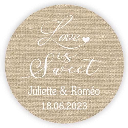 MameArt 50 STK Aufkleber Personalisiert Hochzeit Love is Sweet Herzen, 4cm Etikett für Gastgeschenk Taufe Kommunion Geburtstag give-Away Deko Feste Geschenke Präsente (Leinen), 3UK0105A von MameArt