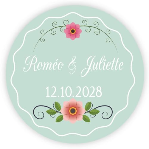 MameArt 50 Stück Aufkleber Personalisierte Hochzeit, 4cm Name & Datum Schönes Design Hochzeit, Taufe, Sakrament, Jubiläum & Geburtstag Geschenk Aufkleber AL0136 (Herz 3) von MameArt