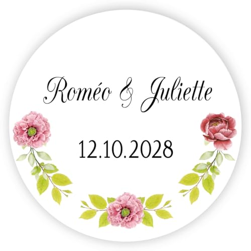 MameArt 50 Stück Aufkleber Personalisierte Hochzeit, 4cm Name & Datum Schönes Design Hochzeit, Taufe, Sakrament, Jubiläum & Geburtstag Geschenk Aufkleber AL0136 (Herz 5) von MameArt