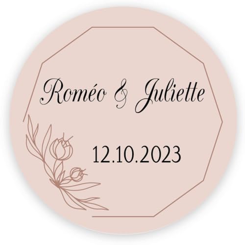MameArt 50 Stück Personalisierte Hochzeitsaufkleber, 4cm elegantes Design Namens- und Datumsaufkleber für Taufen, Sakramente, Jubiläen und Jubiläen, AL0132 (Herz 4) von MameArt