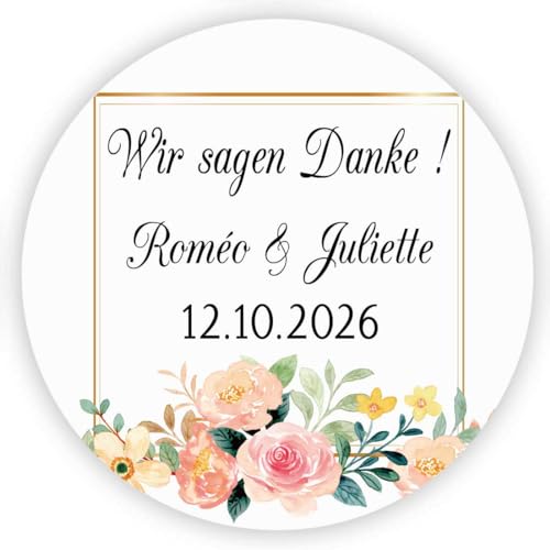 MameArt 50stk 4cm Aufkleber Hochzeit Personalisiert, Wir Sagen Danke, Kranz Sticker für Hochzeit Taufe Feste Geschenke Präsente (DE06) von MameArt