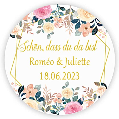 MameArt 50stk 4cm Aufkleber Personalisiert Hochzeit, Schön DASS du da bist, Sticker Gastgeschenk Taufe Kommunion Geburtstag Feste Geschenke Präsente (Kranz A) von MameArt