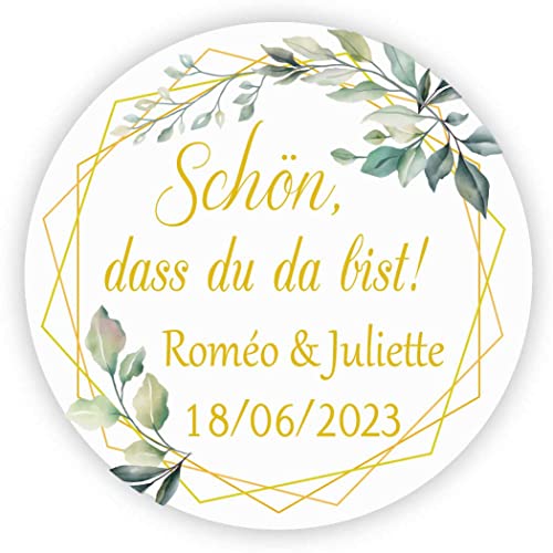 MameArt 50stk 4cm Aufkleber Personalisiert Hochzeit, Schön DASS du da bist, Sticker Gastgeschenk Taufe Kommunion Geburtstag Feste Geschenke Präsente (Kranz B) von MameArt